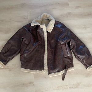 PrettyLittleThing Brown Leather Jacket with Cream Lining